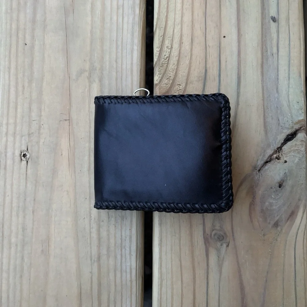 Vintage Bi-Fold Leather Wallet Whipstitch Black Genuine Leather Hand Tooled USA